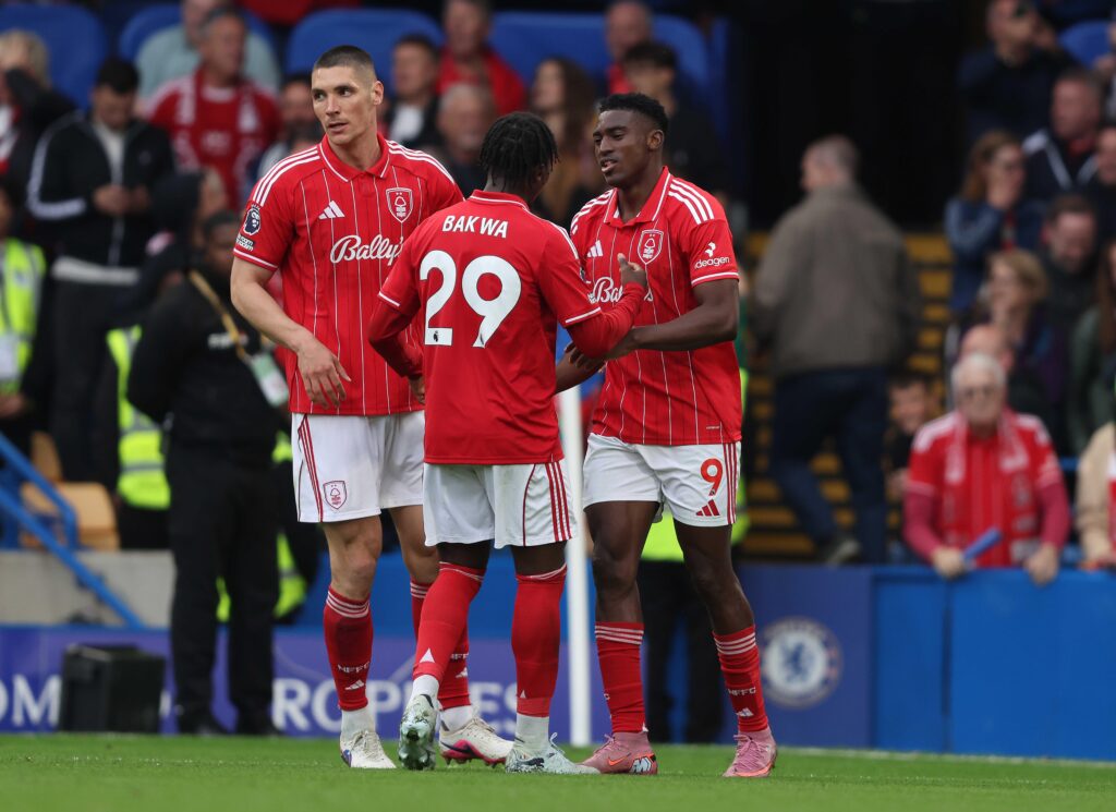 Nikola Milenkovic (L), Dilane Bakwa (C) and Taiwo Awoniyi (R) of Nottingham Forest