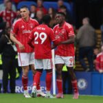 Nikola Milenkovic (L), Dilane Bakwa (C) and Taiwo Awoniyi (R) of Nottingham Forest
